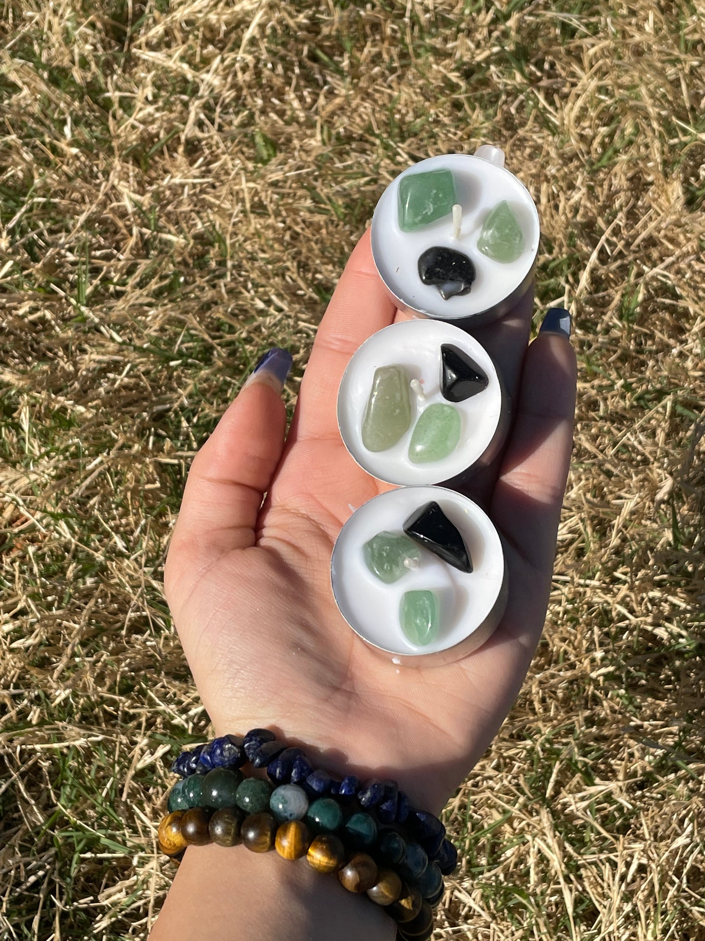 Green AventurinexObsidian tea light set; 3x