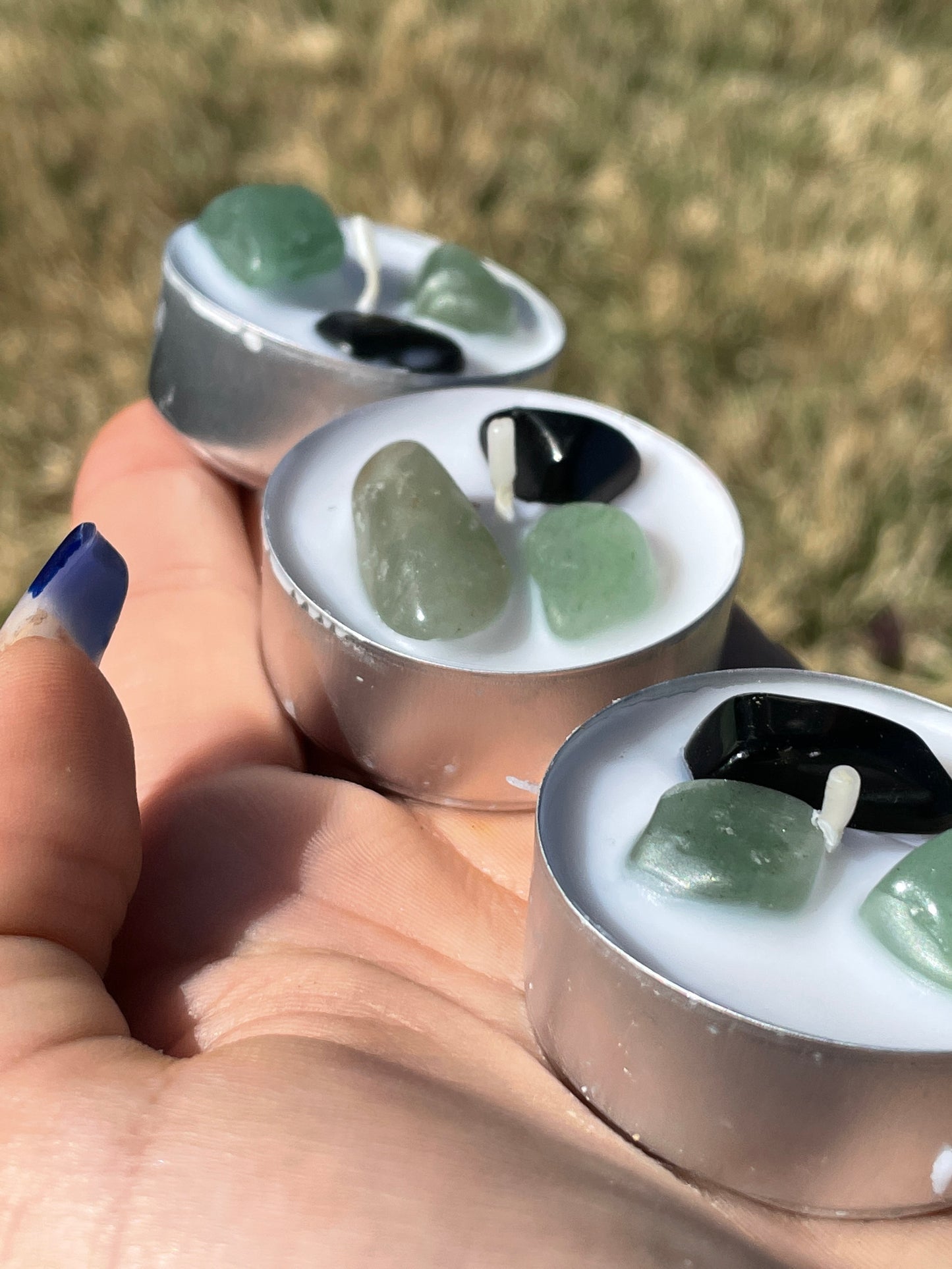 Green AventurinexObsidian tea light set; 3x