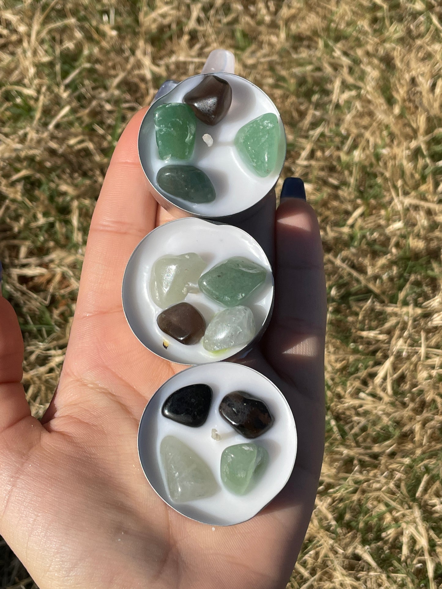 Green AventurinexObsidian tea light set; 3x