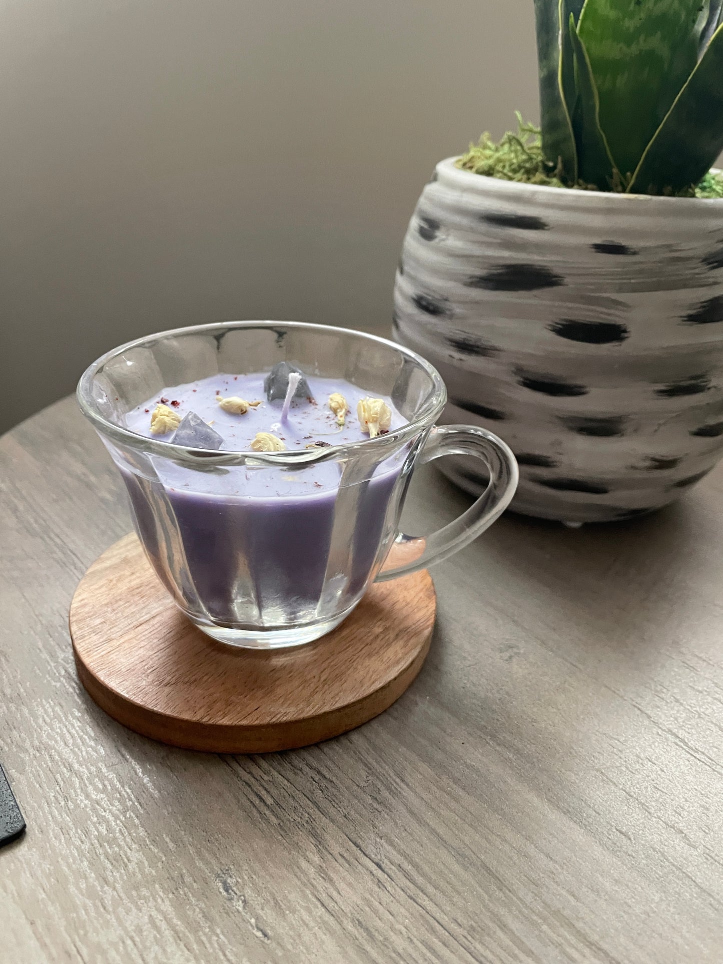 Vintage Lilac Teacup Soy Candle; Sandalwood scented